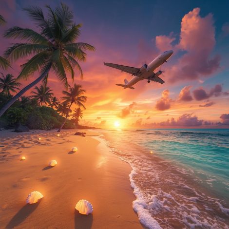 create a image for travel with beachs and plane